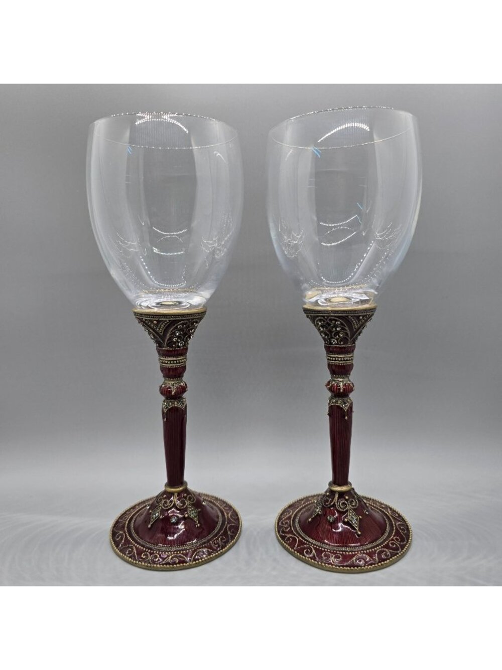 VTG Burgundy Victorian Baroque Renaissance Jeweled Ornate Wine Goblet Glasses